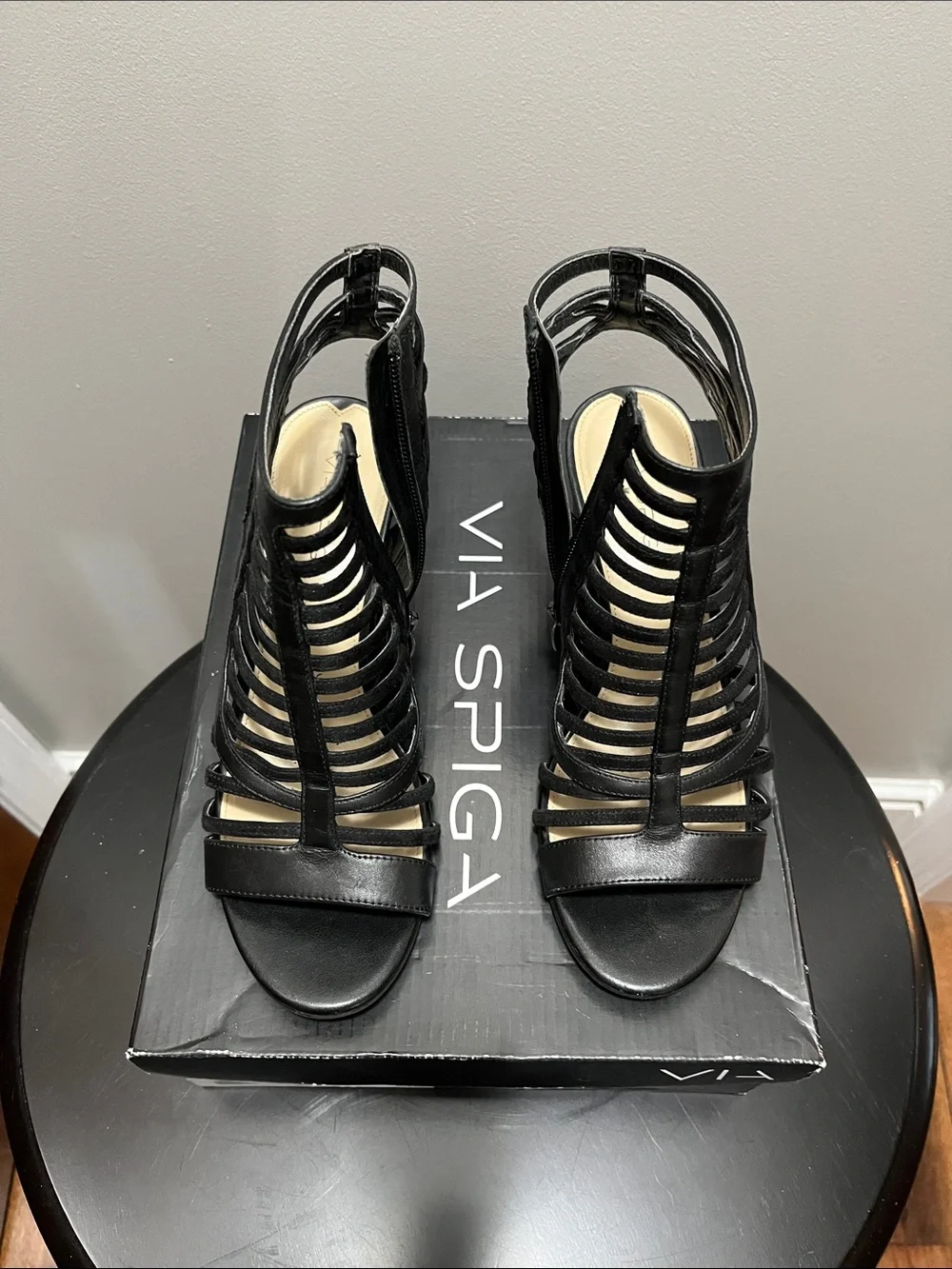 Via Spiga Black Strappy Wedge Sandals